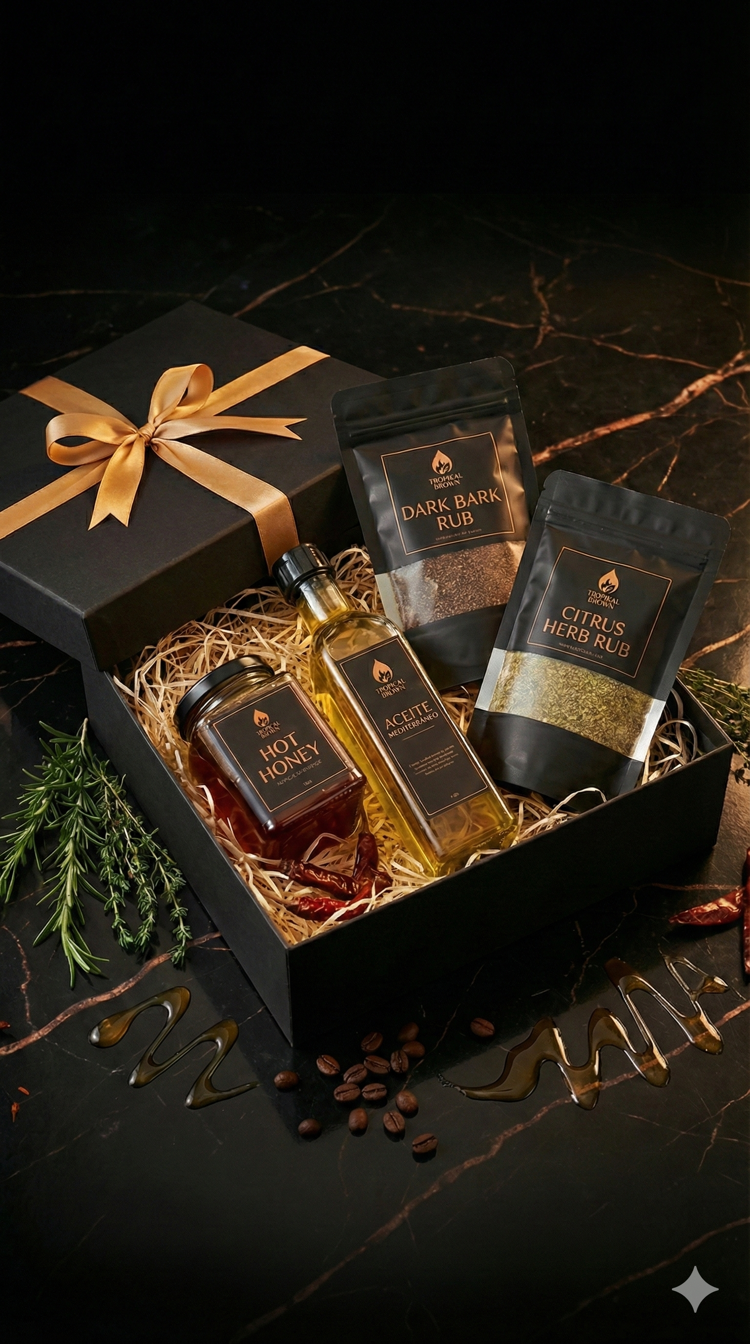 Kit de regalos gourmet Tropikal Brown edición limitada 001 sobre fondo oscuro.